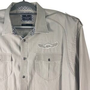Marc Ecko‎ Long Sleeve Button Well Hung Distressed Shirt Skull Wings Patches XXL